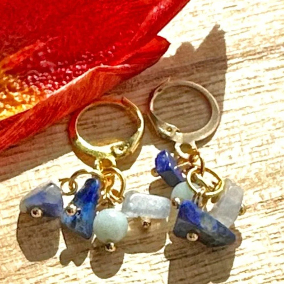 Lapis Lazuli and Aquamarine confetti dangle earrings - Picture 1 of 4